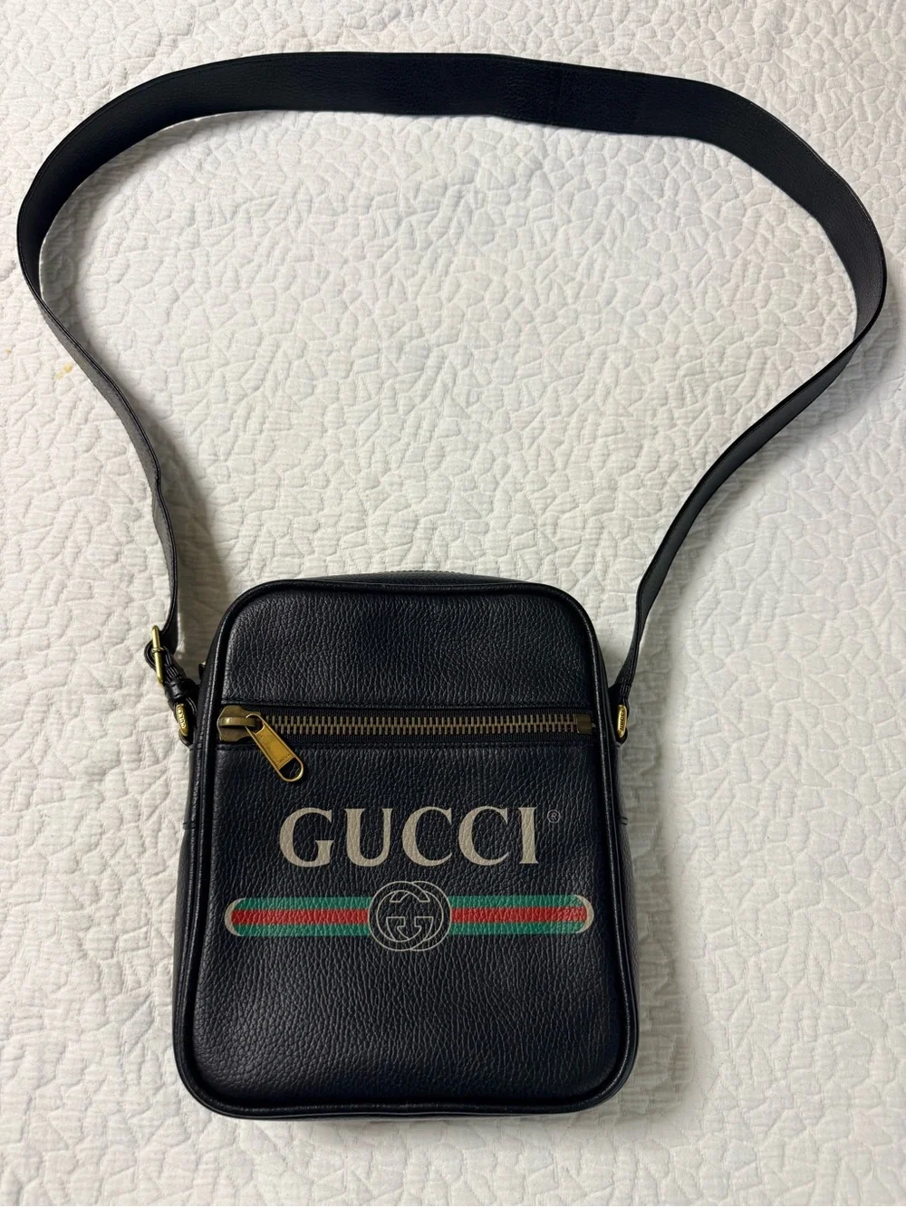 Gucci Black Leather Messenger Bag with Green-Red Web Stripe